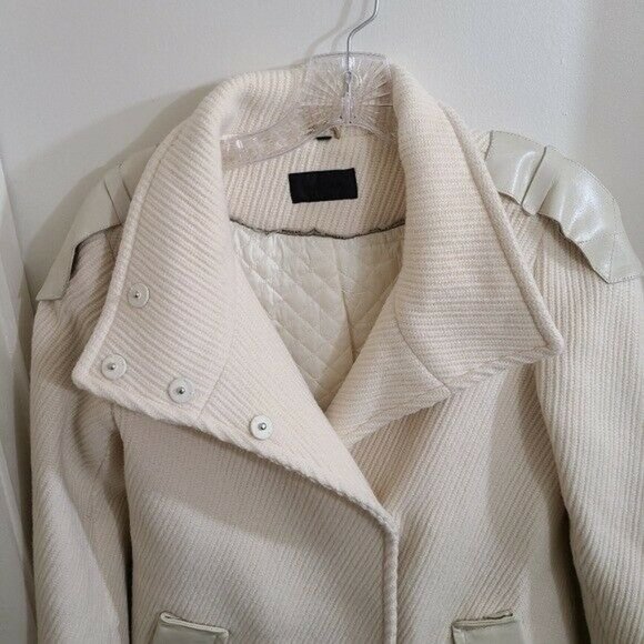 RUDSAK Ivory Designer Wool Leather Button Up Long Trench Coat Size XS - Picture 5 of 12